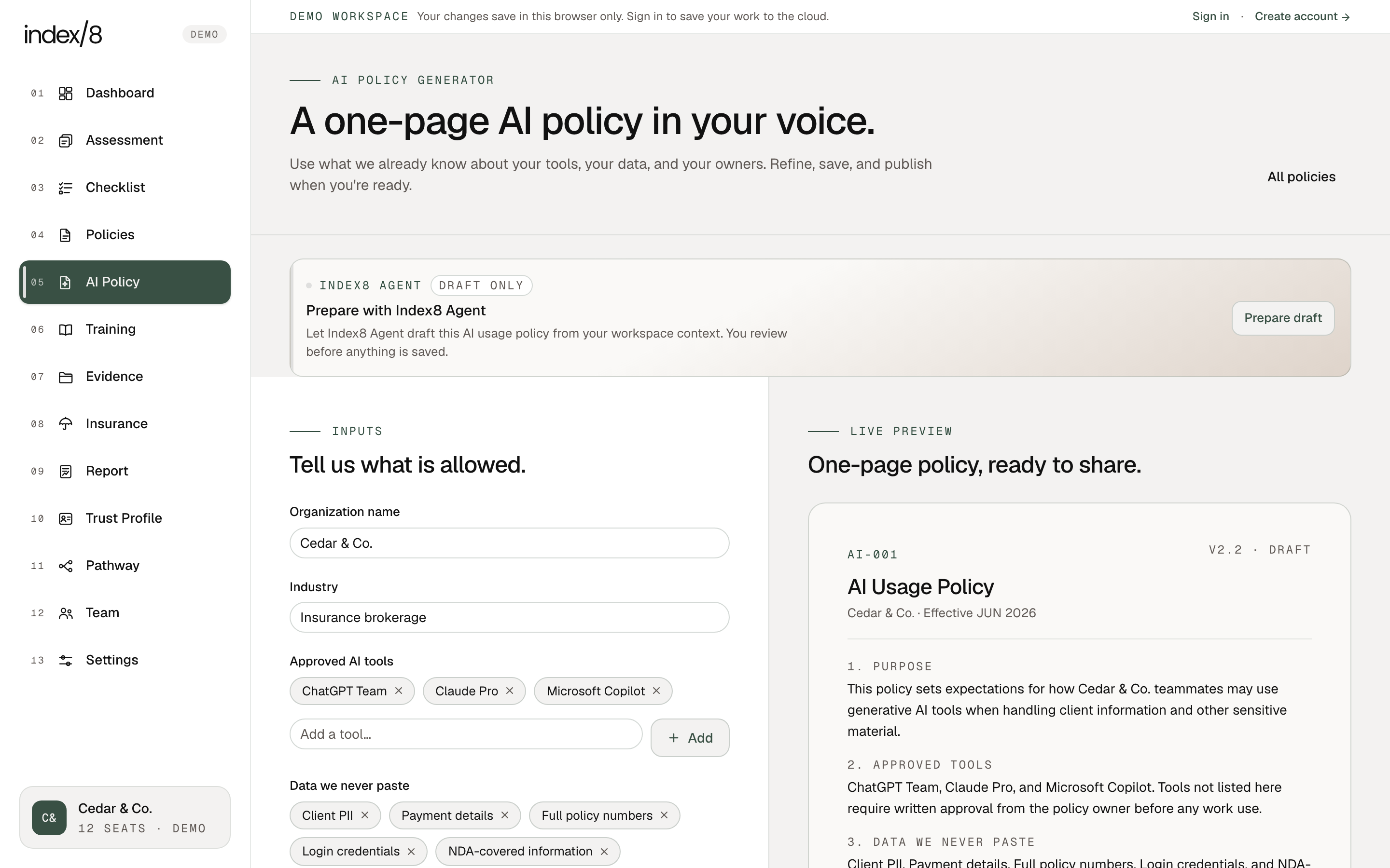 Index8 AI usage policy generator with approved tools, restricted data inputs, and a live one-page policy preview