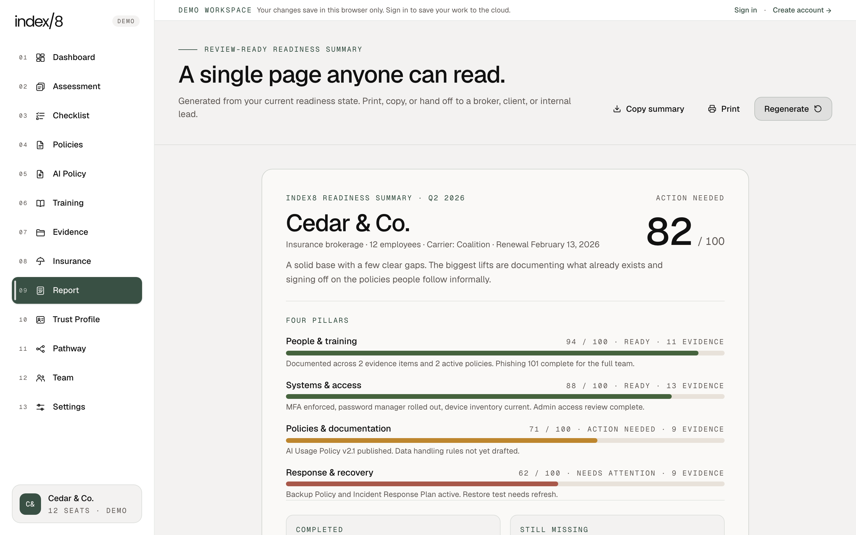 Index8 review-ready report showing the Cedar and Co. security readiness summary across four pillars