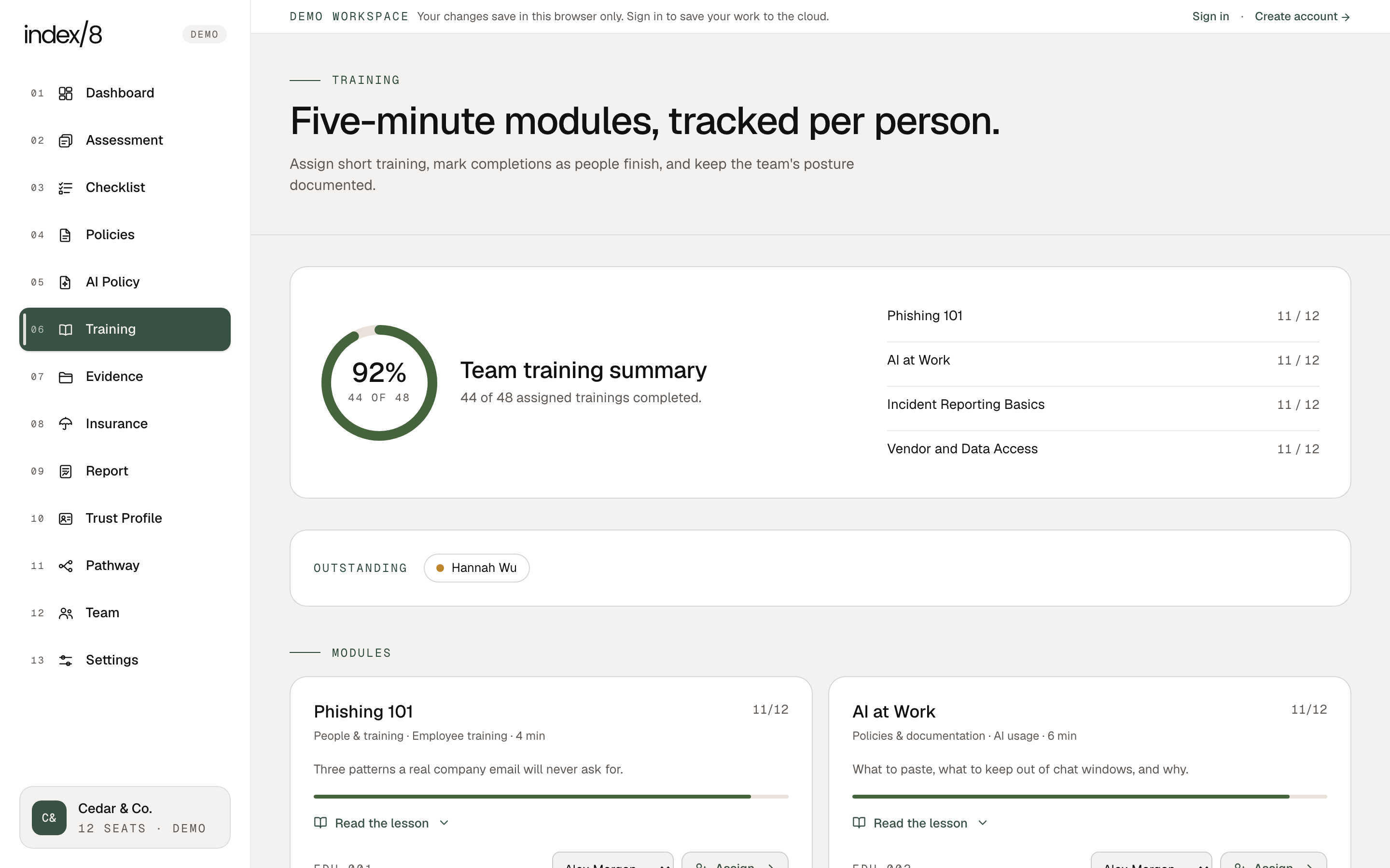 Index8 training tracker showing five-minute modules and per-person completion counts